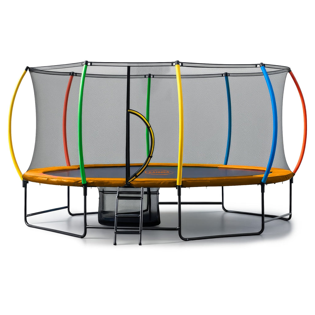 Kahuna 10 ft x 15 ft Oval Outdoor Trampoline with Reversible Rainbow & Orange Safety Pad Safety Net and Ladder-2