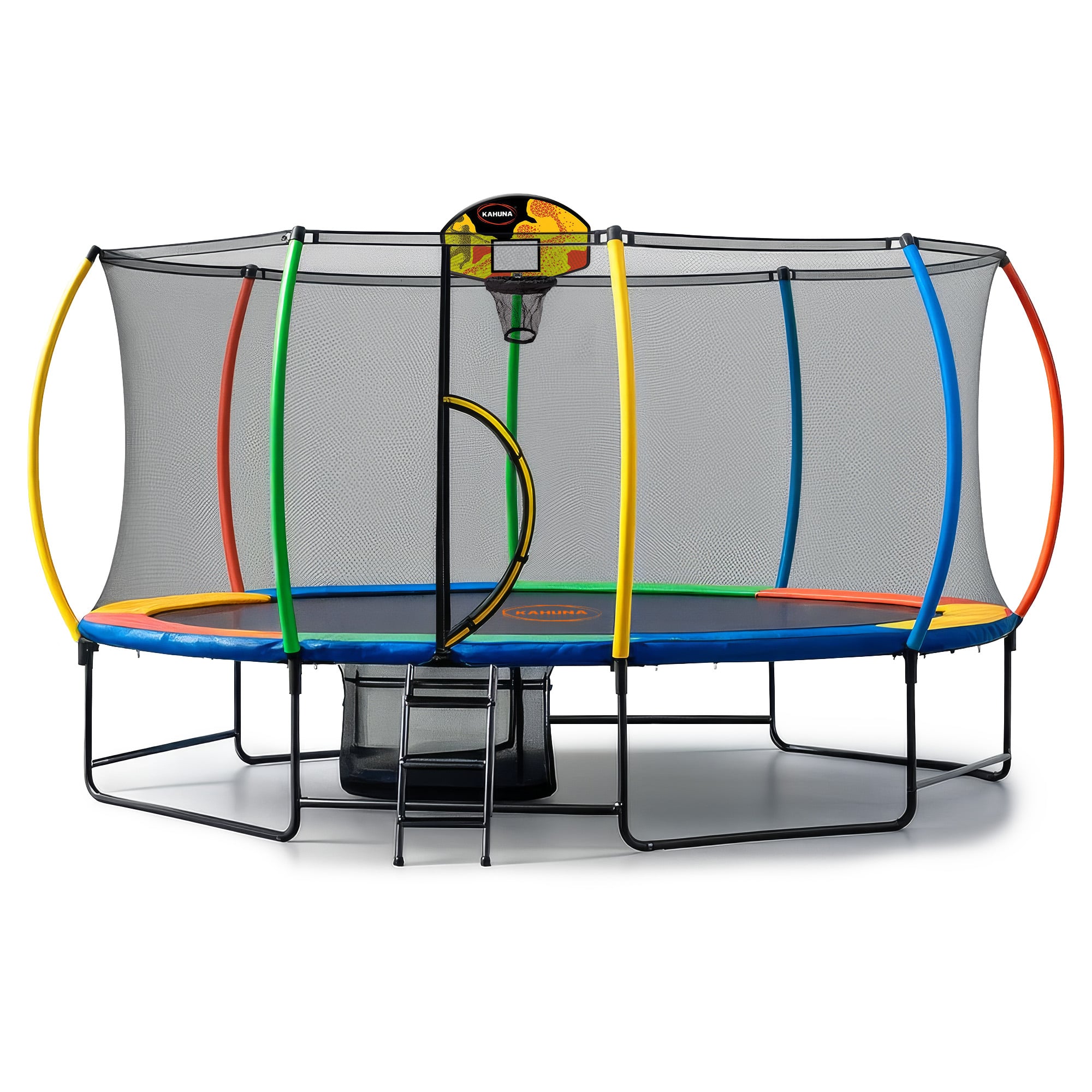 Kahuna 10 ft x 15 ft Oval Outdoor Trampoline w/ Basketball Set Reversible Rainbow & Orange Safety Pad Safety Net Ladder-0