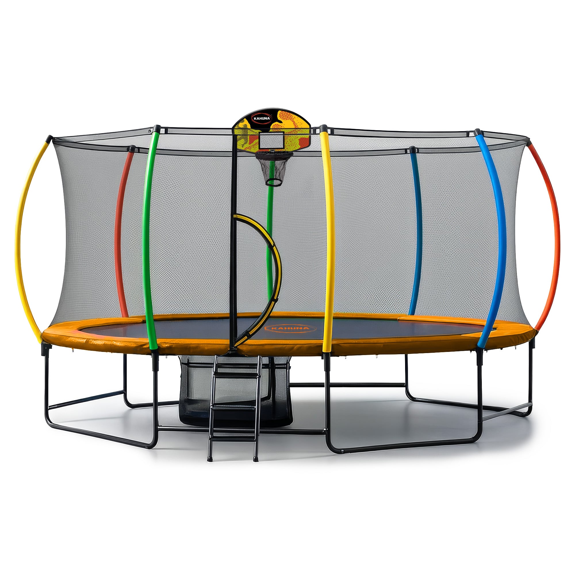 Kahuna 10 ft x 15 ft Oval Outdoor Trampoline L.E.D. Basketball Set Reversible Rainbow & Orange Safety Pad Safety Net Ladder-2