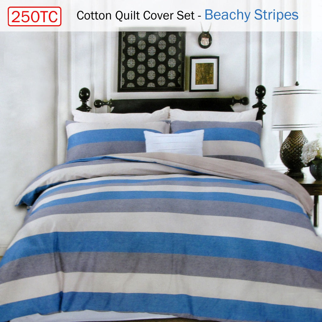 NNEDSZ 250TC Cotton Reversible Quilt Cover Set Beachy Stripes Queen