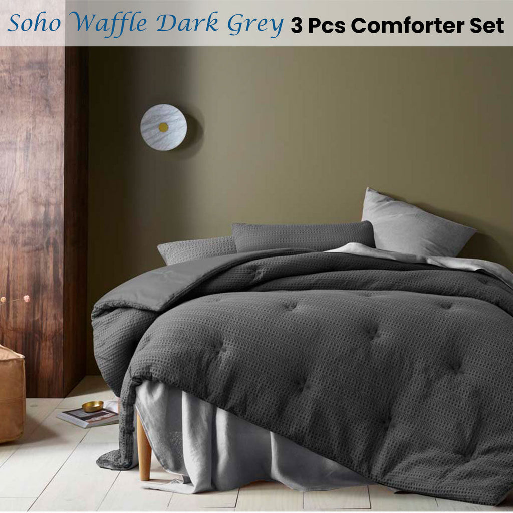 NNEDSZ Soho Waffle Dark Grey 3 Piece Comforter Set Queen