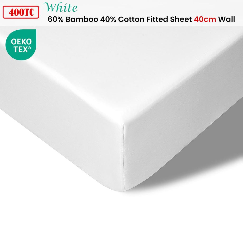 NNEDSZ 400TC White Bamboo Cotton Fitted Sheet 40cm Wall Double
