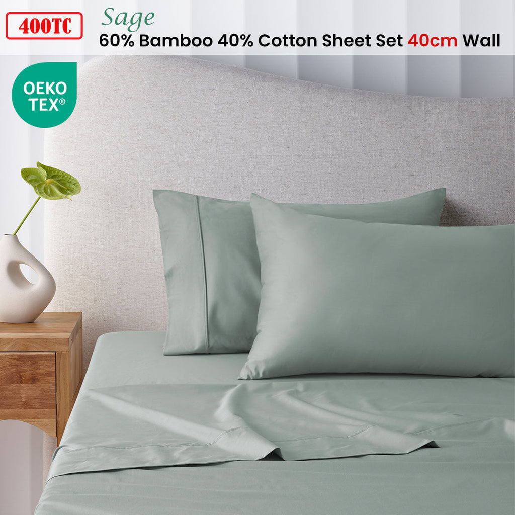 NNEDSZ 400TC Sage Bamboo Cotton Sheet Set 40cm Wall King Single