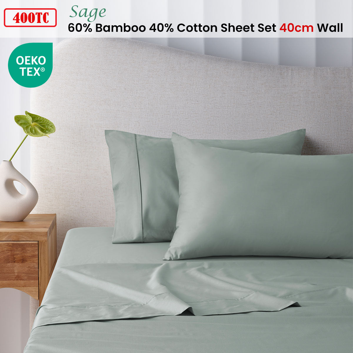 NNEDSZ 400TC Sage Bamboo Cotton Sheet Set 40cm Wall King Single