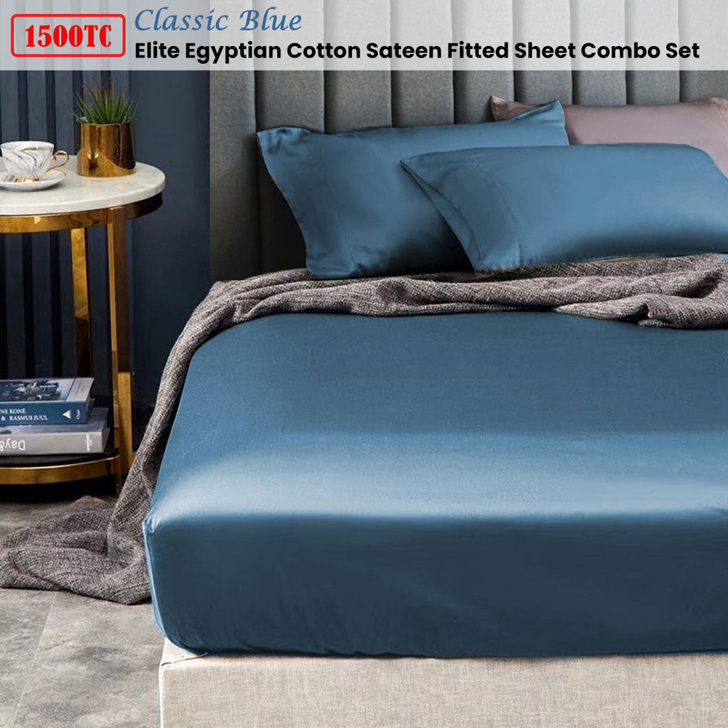 Ramesses 1500TC Elite Egyptian Cotton Sateen Fitted Sheet Combo Set Classic Blue King Single-1