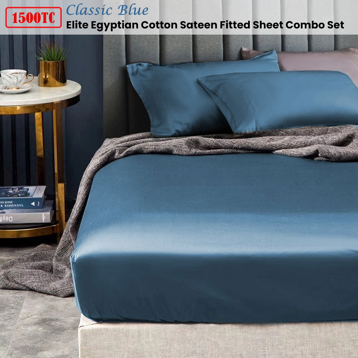 Ramesses 1500TC Elite Egyptian Cotton Sateen Fitted Sheet Combo Set Classic Blue King Single-1