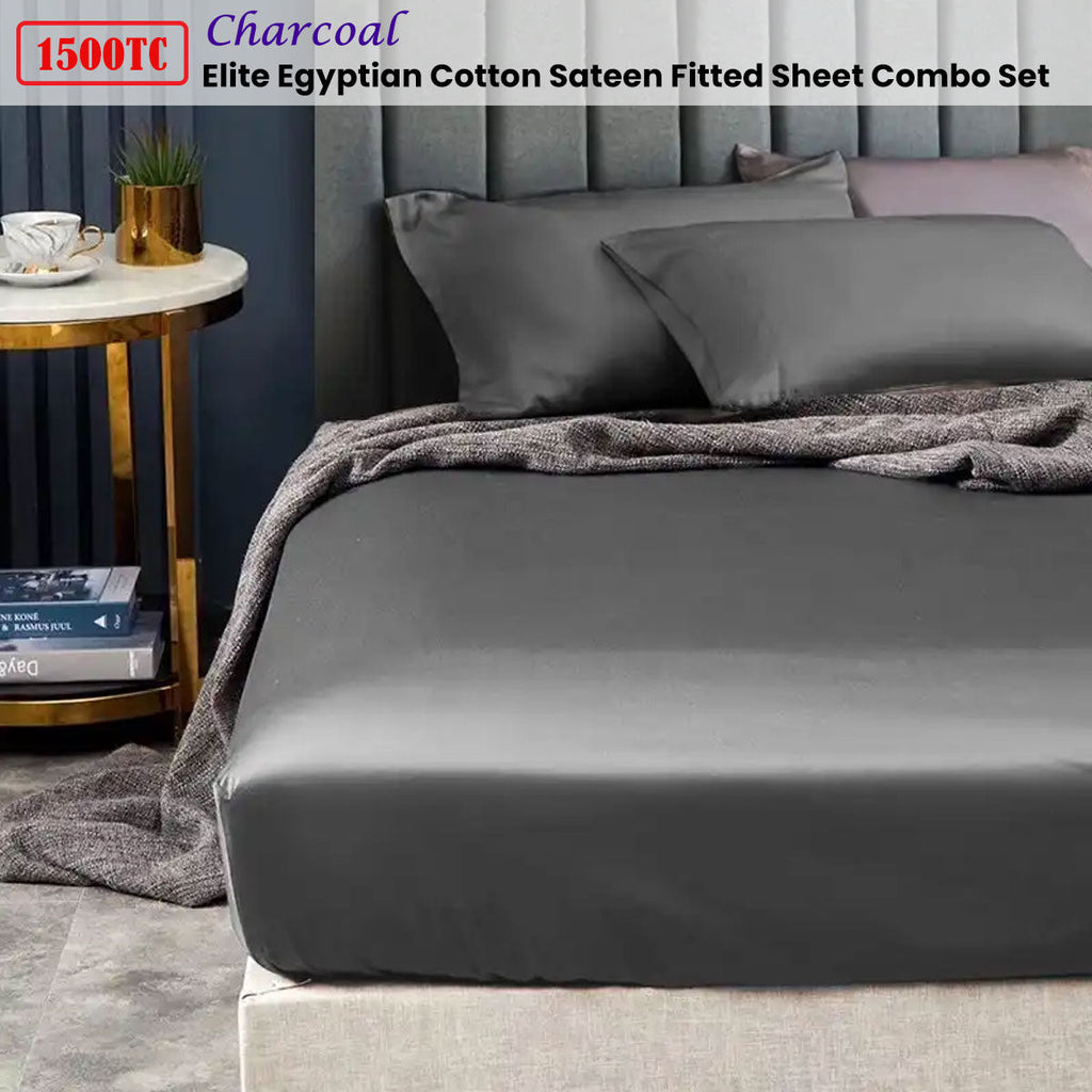 Ramesses 1500TC Elite Egyptian Cotton Sateen Fitted Sheet Combo Set Charcoal Double-1