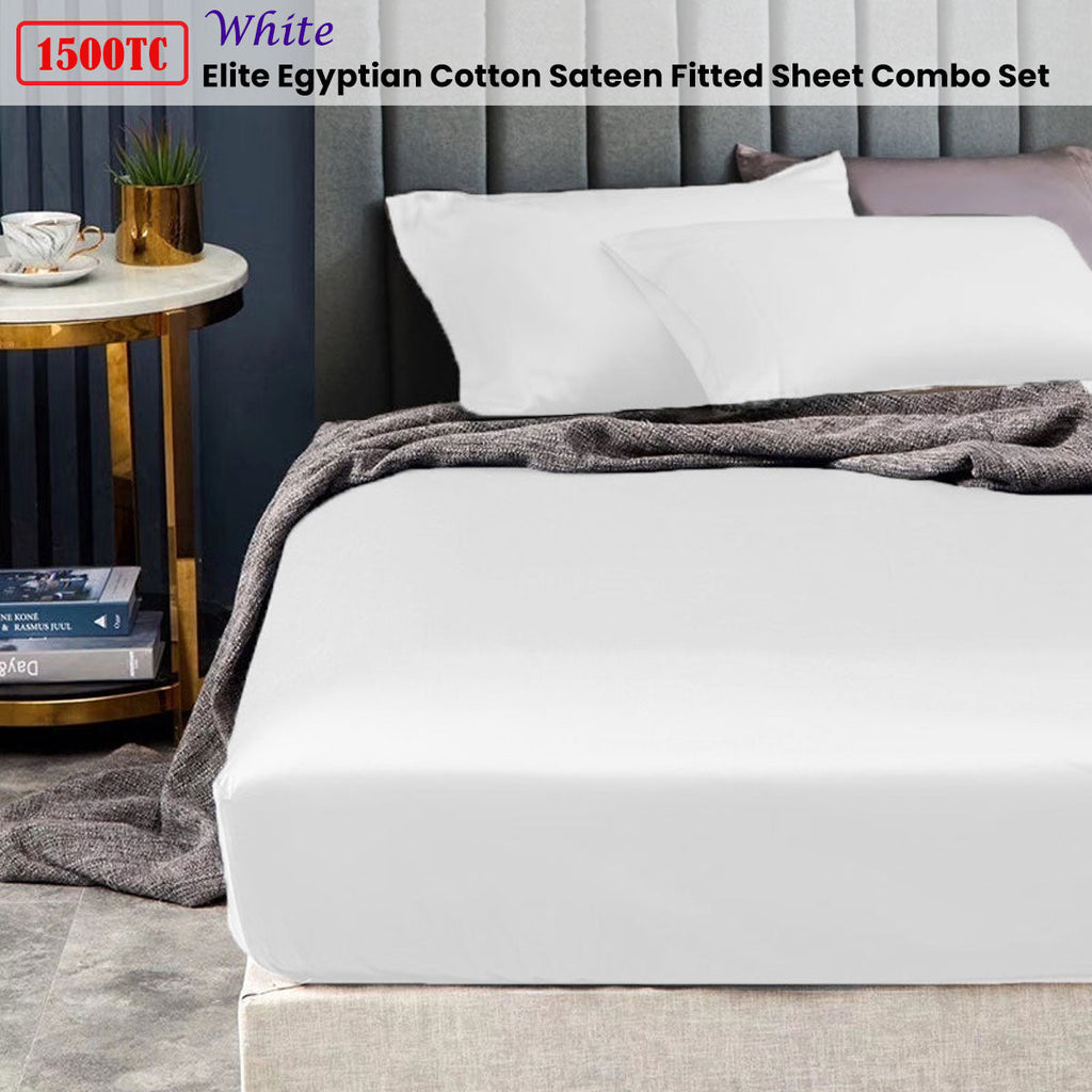 Ramesses 1500TC Elite Egyptian Cotton Sateen Fitted Sheet Combo Set White Single-1