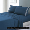 NNEDSZ soft microfibre embroidered stripe sheet set king single sailor blue pillowcase white stripe