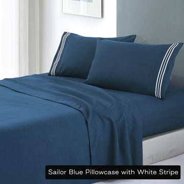 NNEDSZ soft microfibre embroidered stripe sheet set king single sailor blue pillowcase white stripe