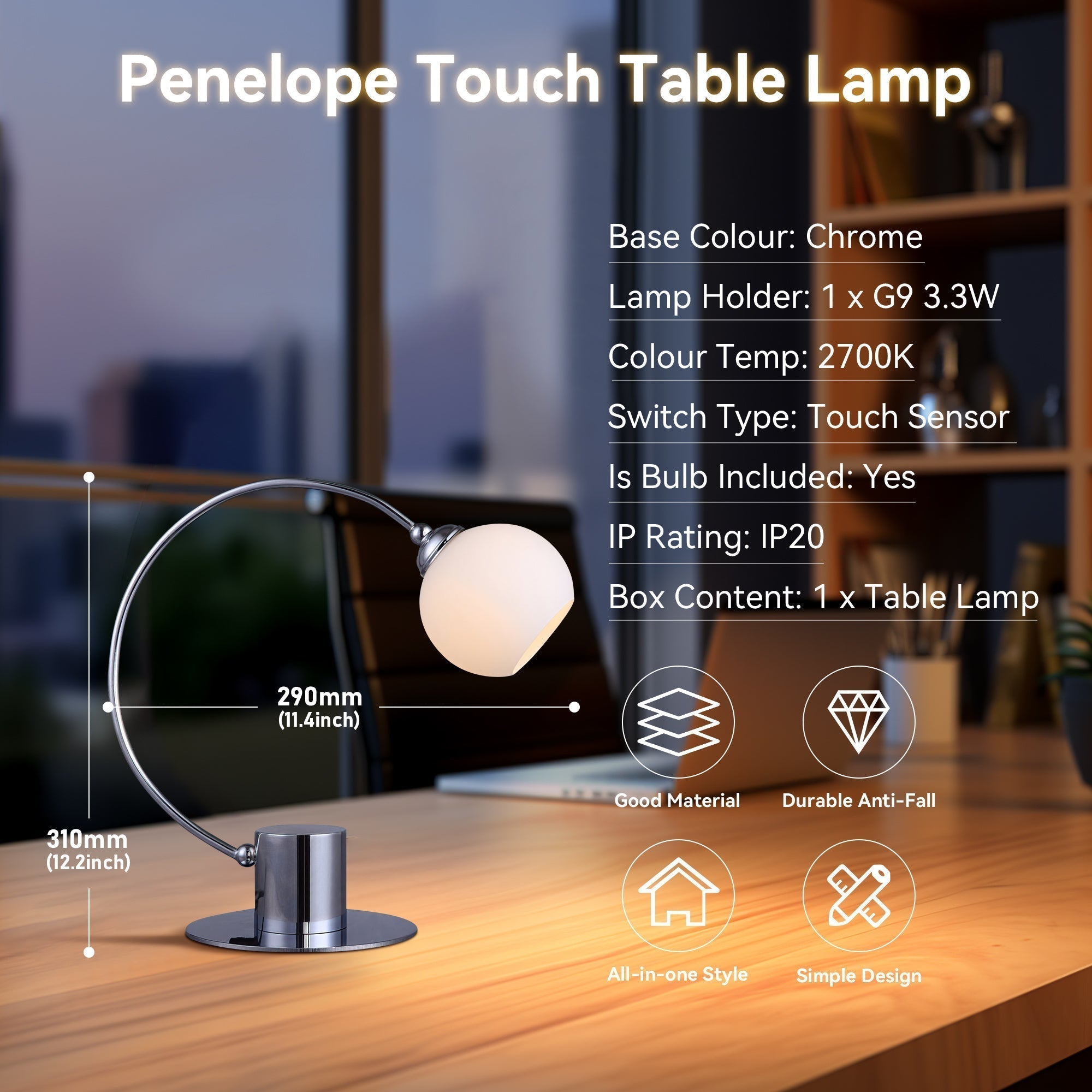 Penelope Touch Table Lamp - Chrome-3