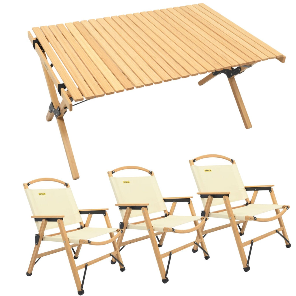 3 Chairs & 1 Table Set Bamboo Camping Folding Portable Outdoor Picnic Travel BBQ-1