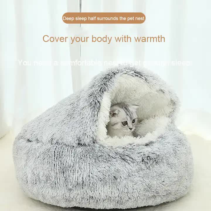 NNEDSZ Cozy Pink Plush Hooded Pet Bed - Ultra Soft Long Fur Cave Bed for Small Pets 50cm-1