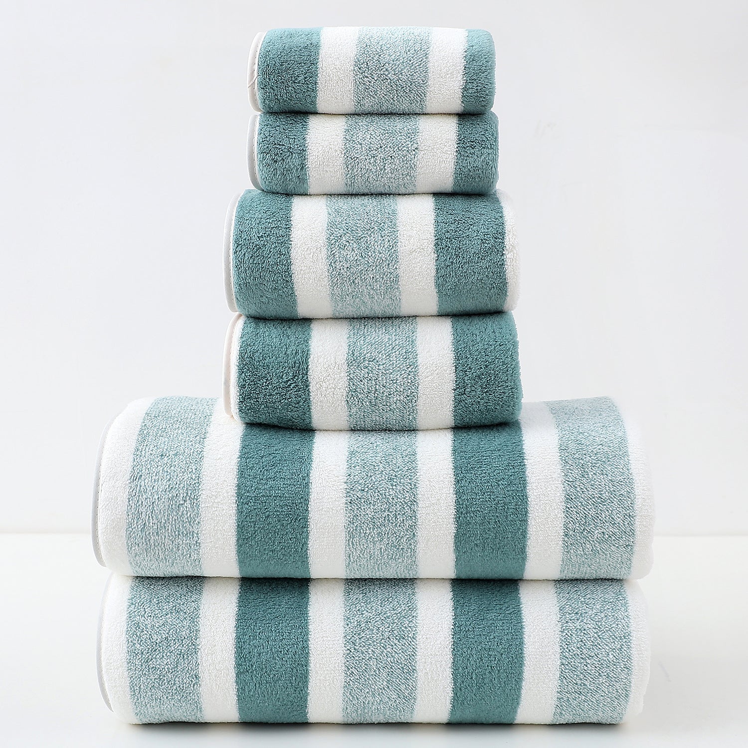 Luxury Cotton Green Wide Stripe Towel Set - 6 Piece Set (2 Hand Towels, 2 Bath Towels, 2 Washcloths), Ultra Soft and Absorbent-0