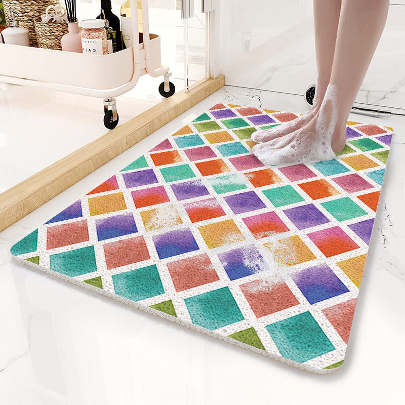 NNEDSZ Colorful Diamond Pattern  PVC Non-Slip Bath Mat 45x75cm - Shower Drain Hole Design, Soft & Quick-Dry Bathroom Rug