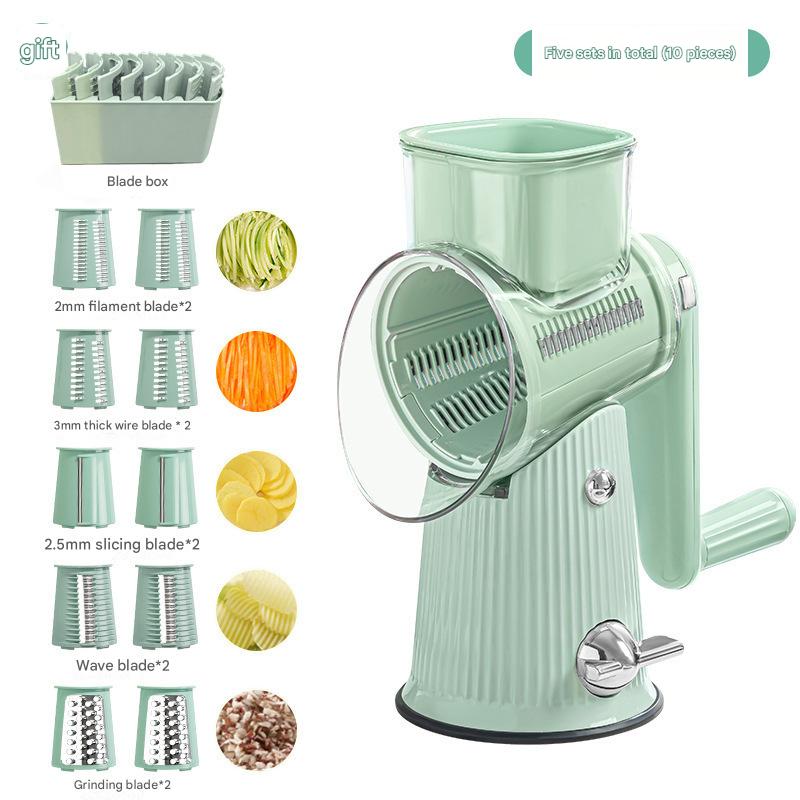 Multi-Function Rotary Vegetable Slicer & Grater - 5 Blade Types (10 Pcs Total) with Storage Box-green-0