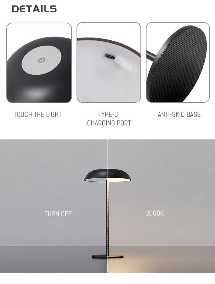 Brown Minimalist Rechargeable LED Touch Table Lamp - 3-Color Stepless Dimming Metal Desk Light-3