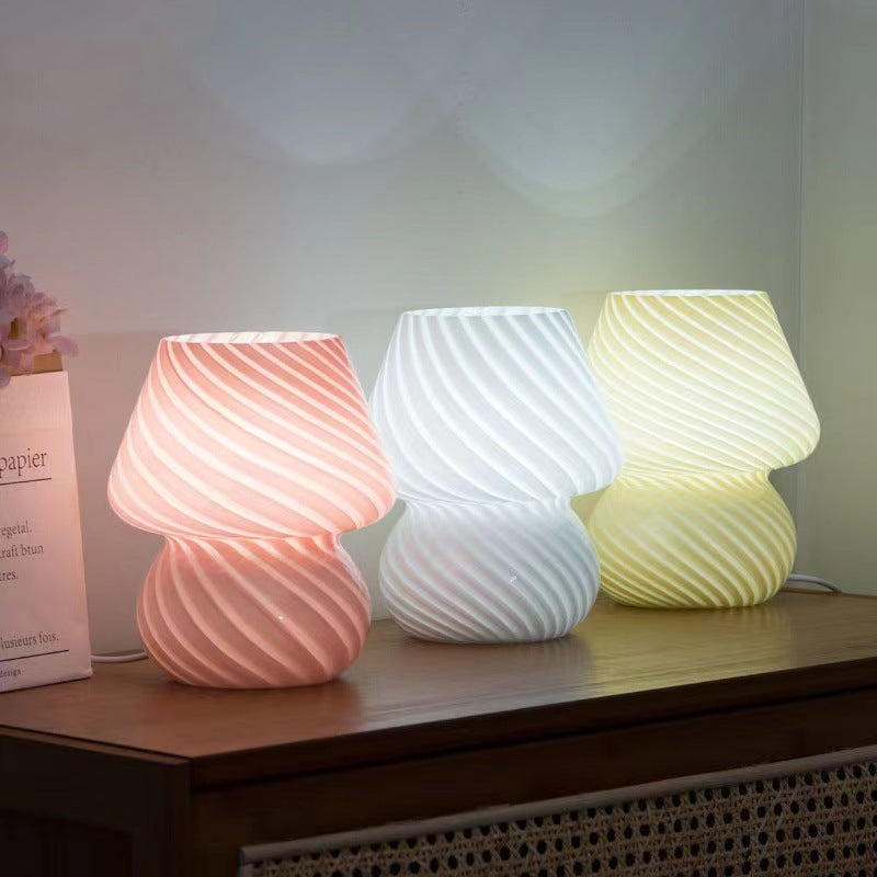 Pink Retro Swirl Glass Mushroom Table Lamp - USB Powered 3-Level Dimmable Bedside Accent Light
