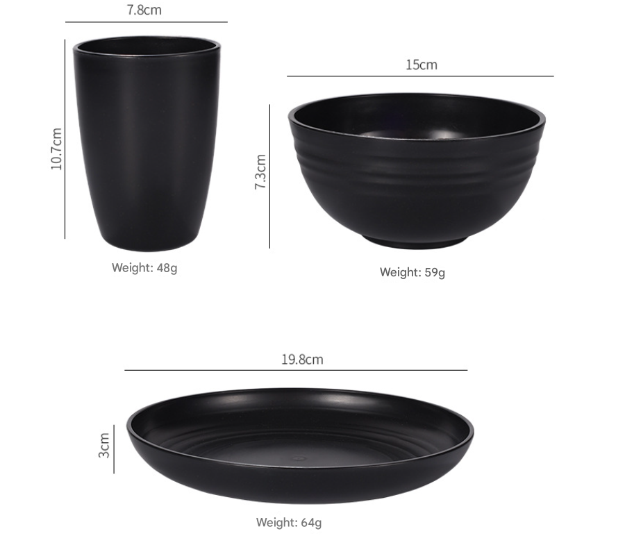 Stylish Black Wheat Straw Dinnerware Set - 24 Pieces Including Plates, Bowls & Cups-1