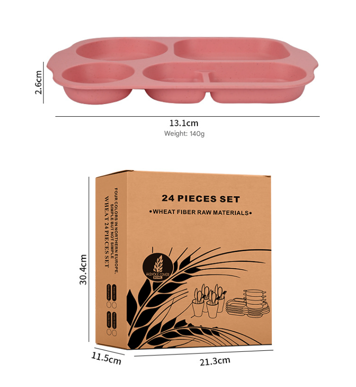 Macaron 4 Colours Durable Eco-Friendly Wheat Straw Dinnerware Set - 24 Pieces with Plates, Bowls, Cups & Cutlery-3