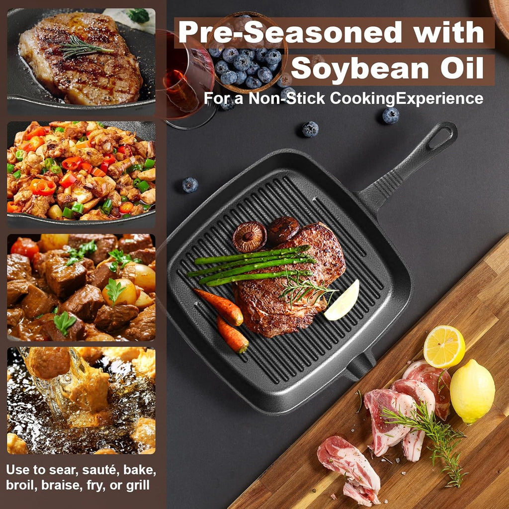 Three-piece set Heavy Duty Cast Iron Skillet & Grill Pan Thickened Vintage Style Cookware for Steak Breakfast & Camping-2