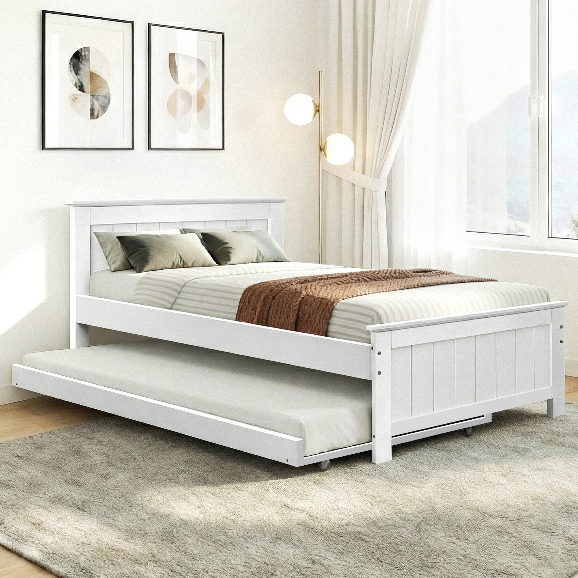 Artiss Bed Frame King Single Size Wooden Trundle Daybed White ELVIS-0