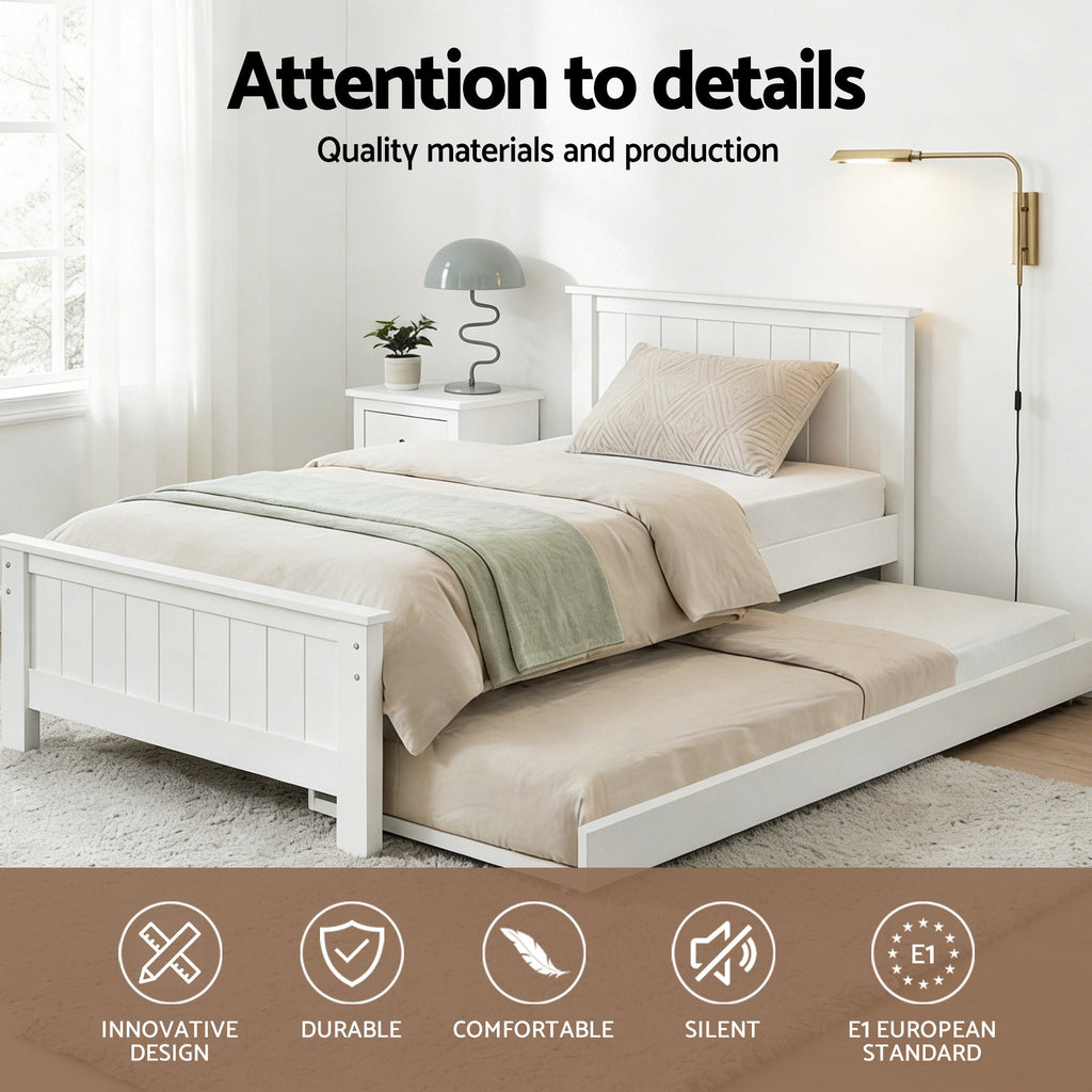 Artiss Bed Frame King Single Size Wooden Trundle Daybed White ELVIS-4