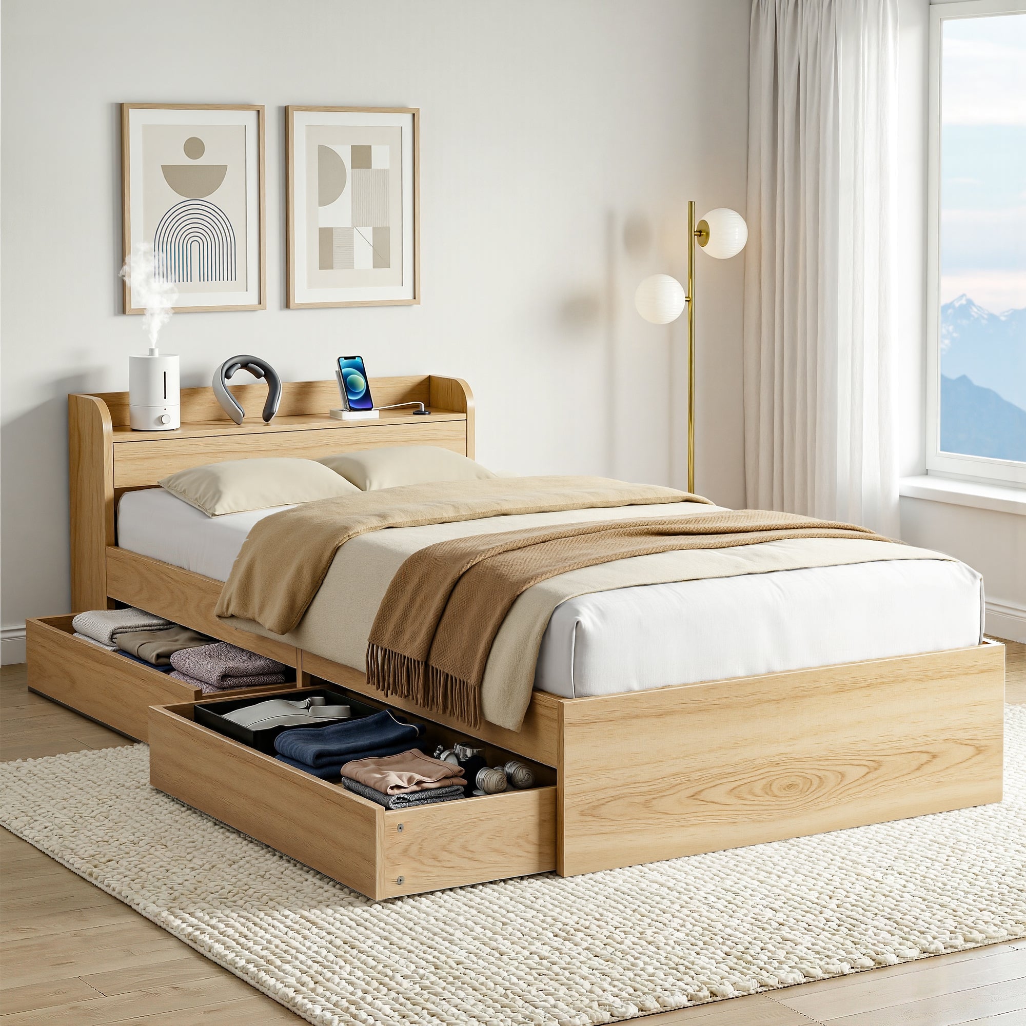 Artiss Single Bed Frame with 2 Storage Drawers Platform Bed Base with USB Ports Sturdy Wooden Slat Support Natural-0