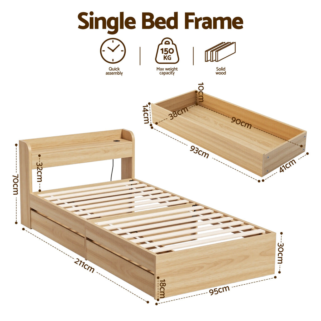 Artiss Single Bed Frame with 2 Storage Drawers Platform Bed Base with USB Ports Sturdy Wooden Slat Support Natural-1