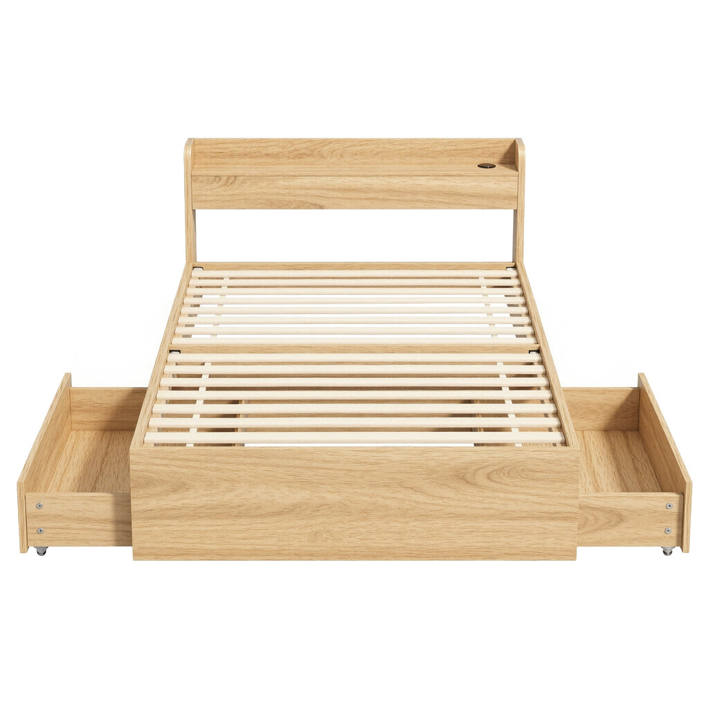 Artiss Single Bed Frame with 2 Storage Drawers Platform Bed Base with USB Ports Sturdy Wooden Slat Support Natural-2