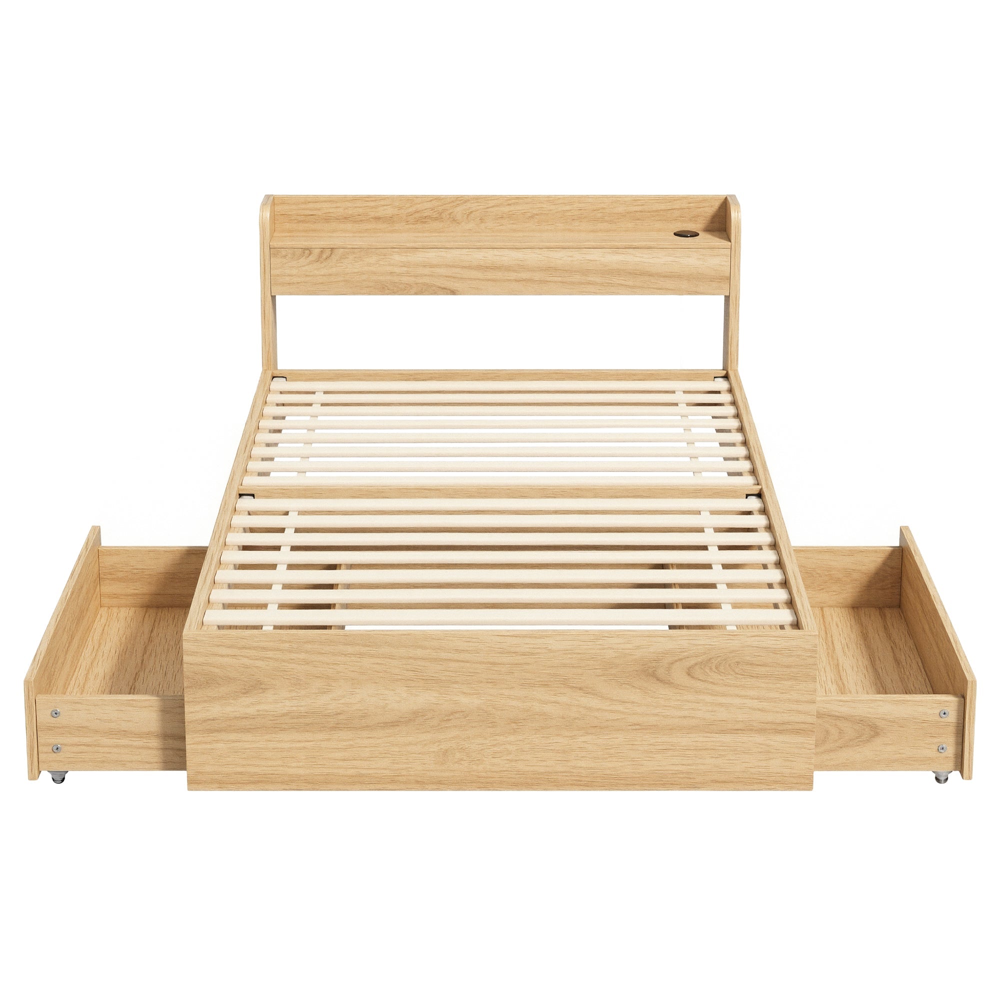 Artiss Single Bed Frame with 2 Storage Drawers Platform Bed Base with USB Ports Sturdy Wooden Slat Support Natural-2