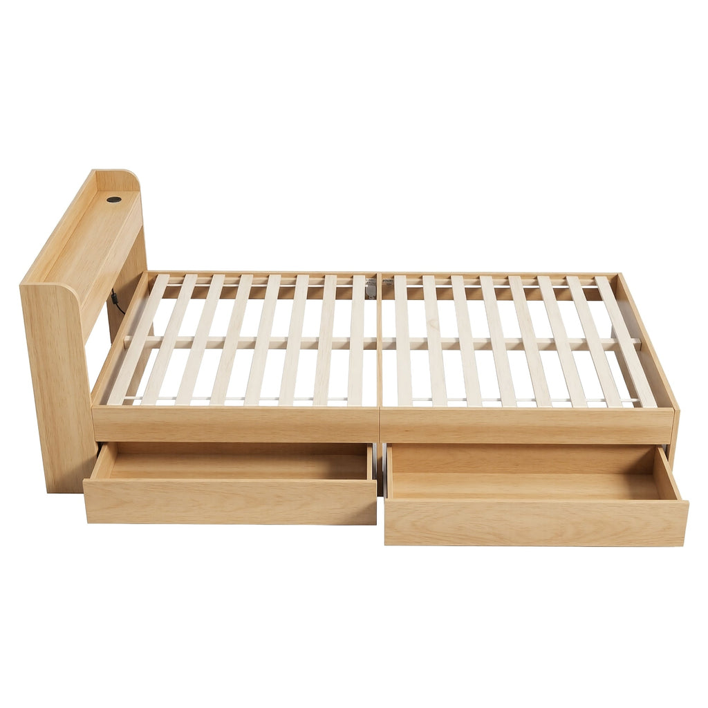 Artiss Single Bed Frame with 2 Storage Drawers Platform Bed Base with USB Ports Sturdy Wooden Slat Support Natural-3
