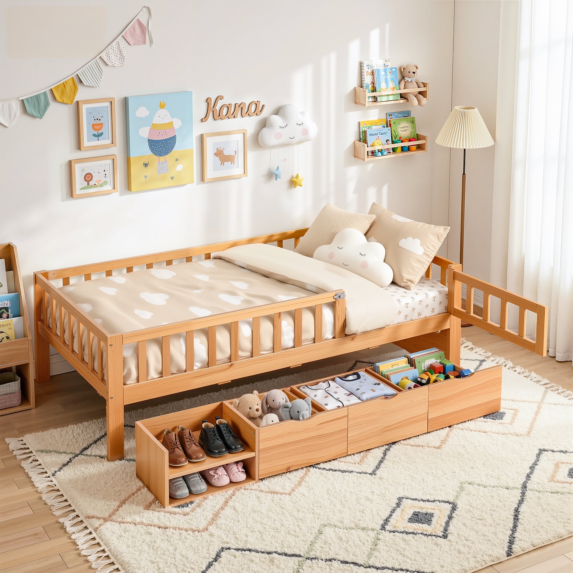 Artiss Kids Single Bed Frame with 3 Storage Drawer Montessori Bed for Toddler Natural-0