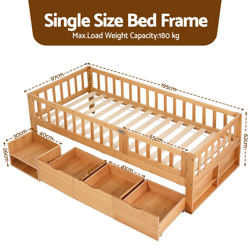 Artiss Kids Single Bed Frame with 3 Storage Drawer Montessori Bed for Toddler Natural-1