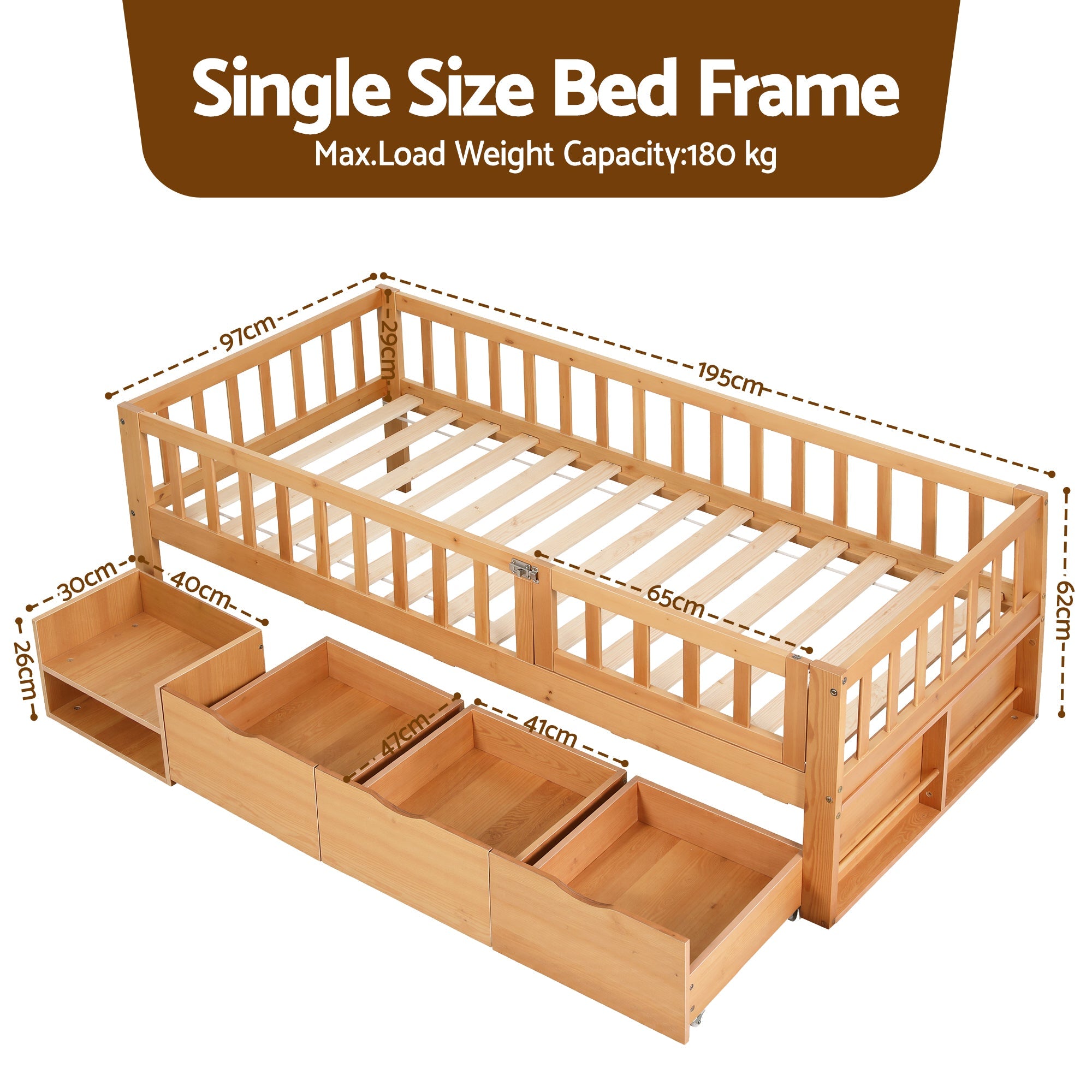 Artiss Kids Single Bed Frame with 3 Storage Drawer Montessori Bed for Toddler Natural-1