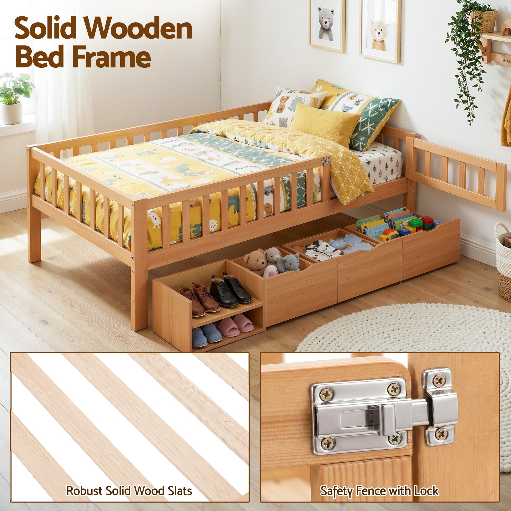 Artiss Kids Single Bed Frame with 3 Storage Drawer Montessori Bed for Toddler Natural-3