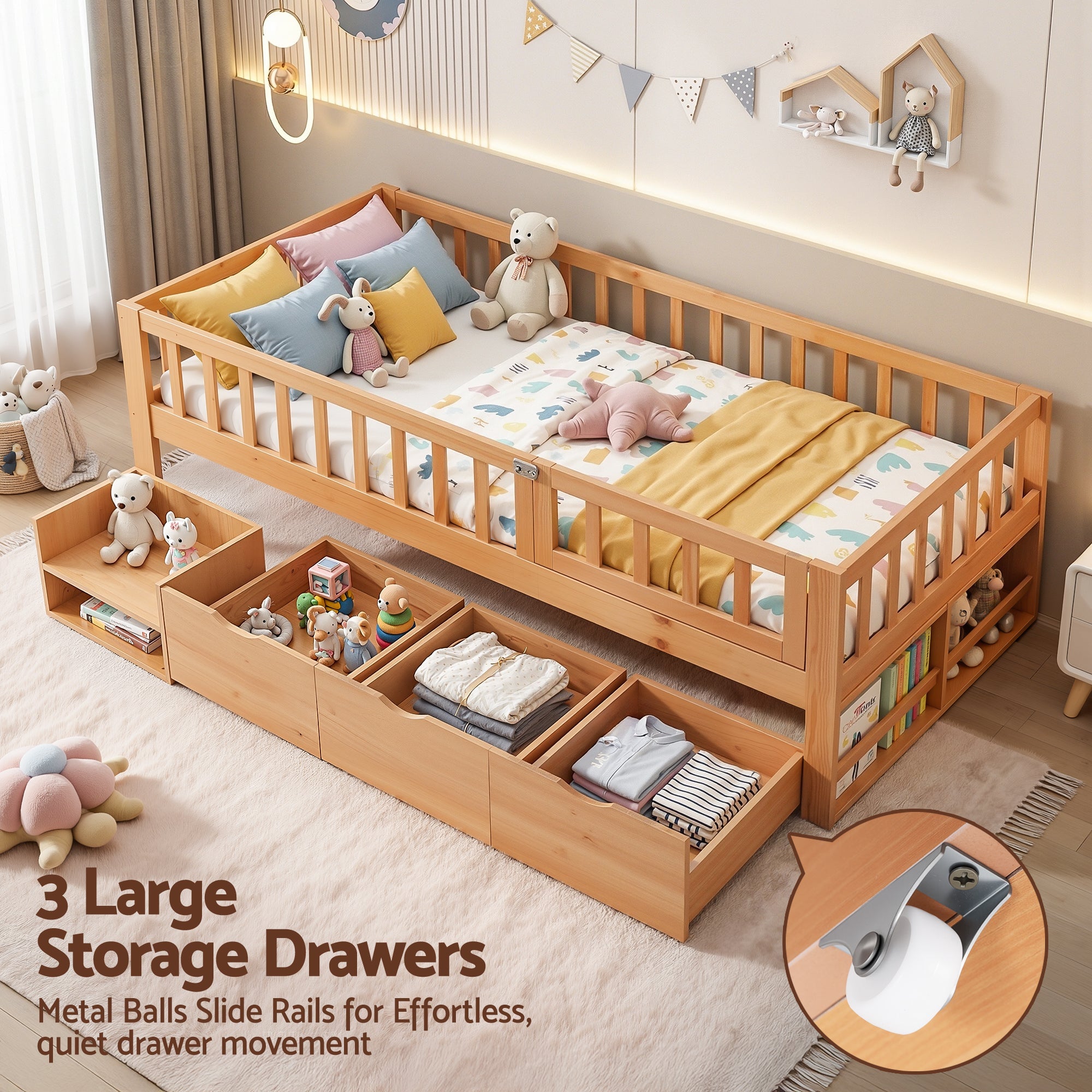 Artiss Kids Single Bed Frame with 3 Storage Drawer Montessori Bed for Toddler Natural-4