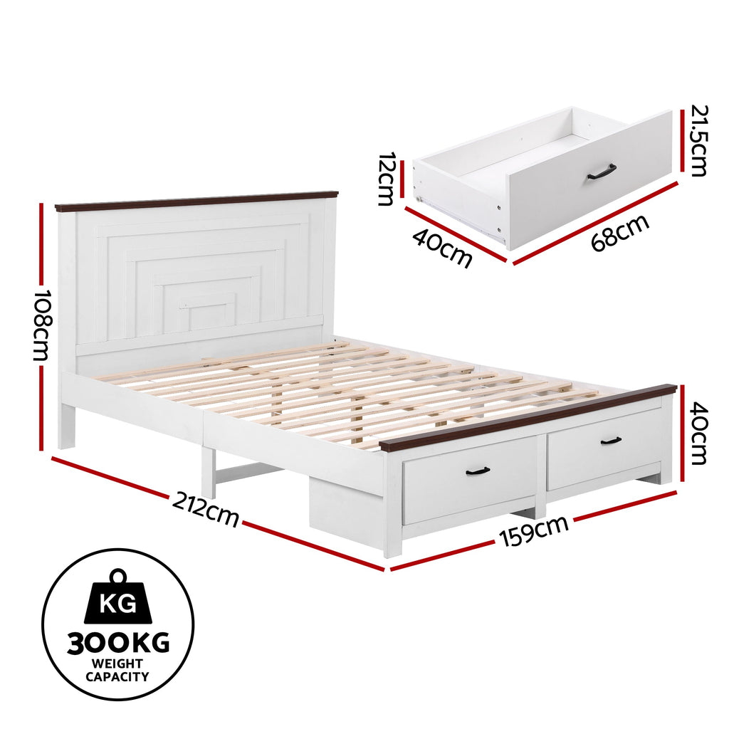 Artiss Queen Wooden Bed Frame with 2 Drawer Platform Bed with 108cm Solid High Headboard White Bed Base for Bedroom Easy Assembly-1