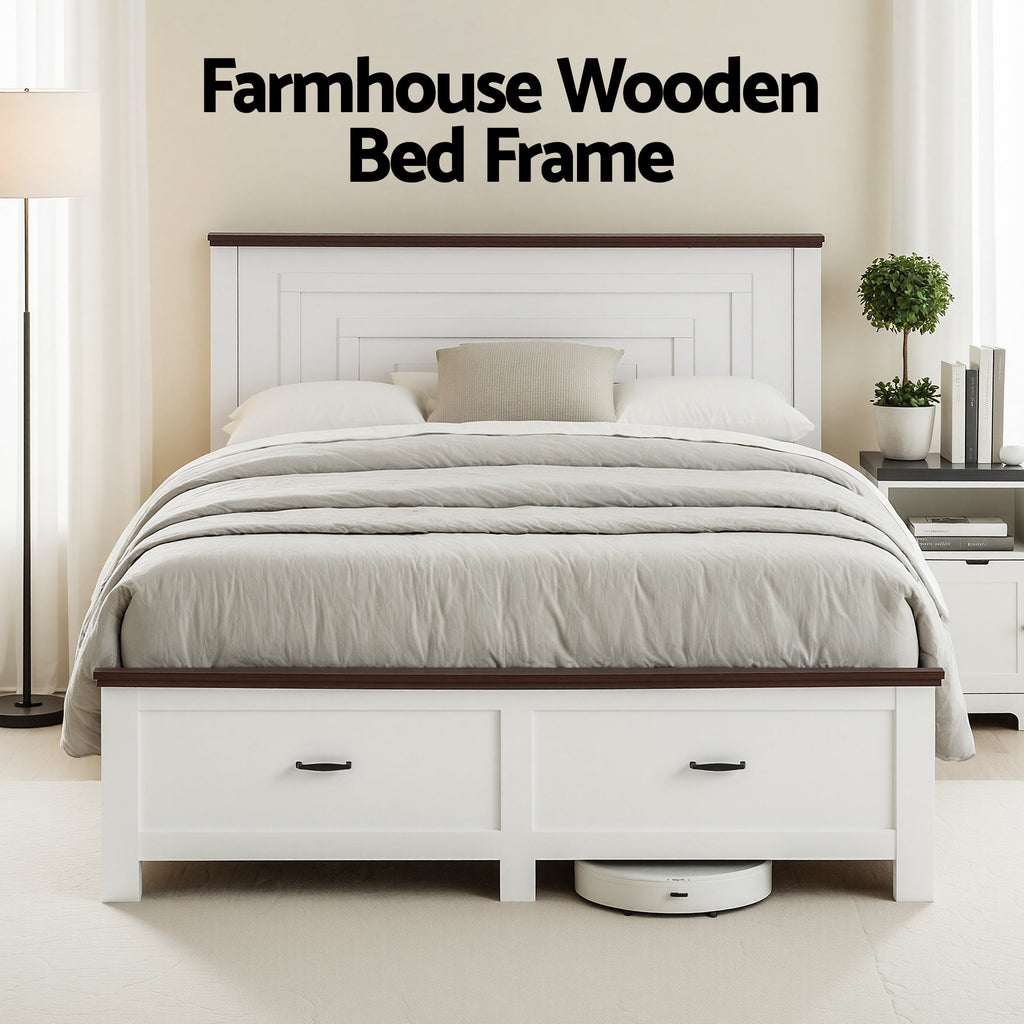 Artiss Queen Wooden Bed Frame with 2 Drawer Platform Bed with 108cm Solid High Headboard White Bed Base for Bedroom Easy Assembly-3