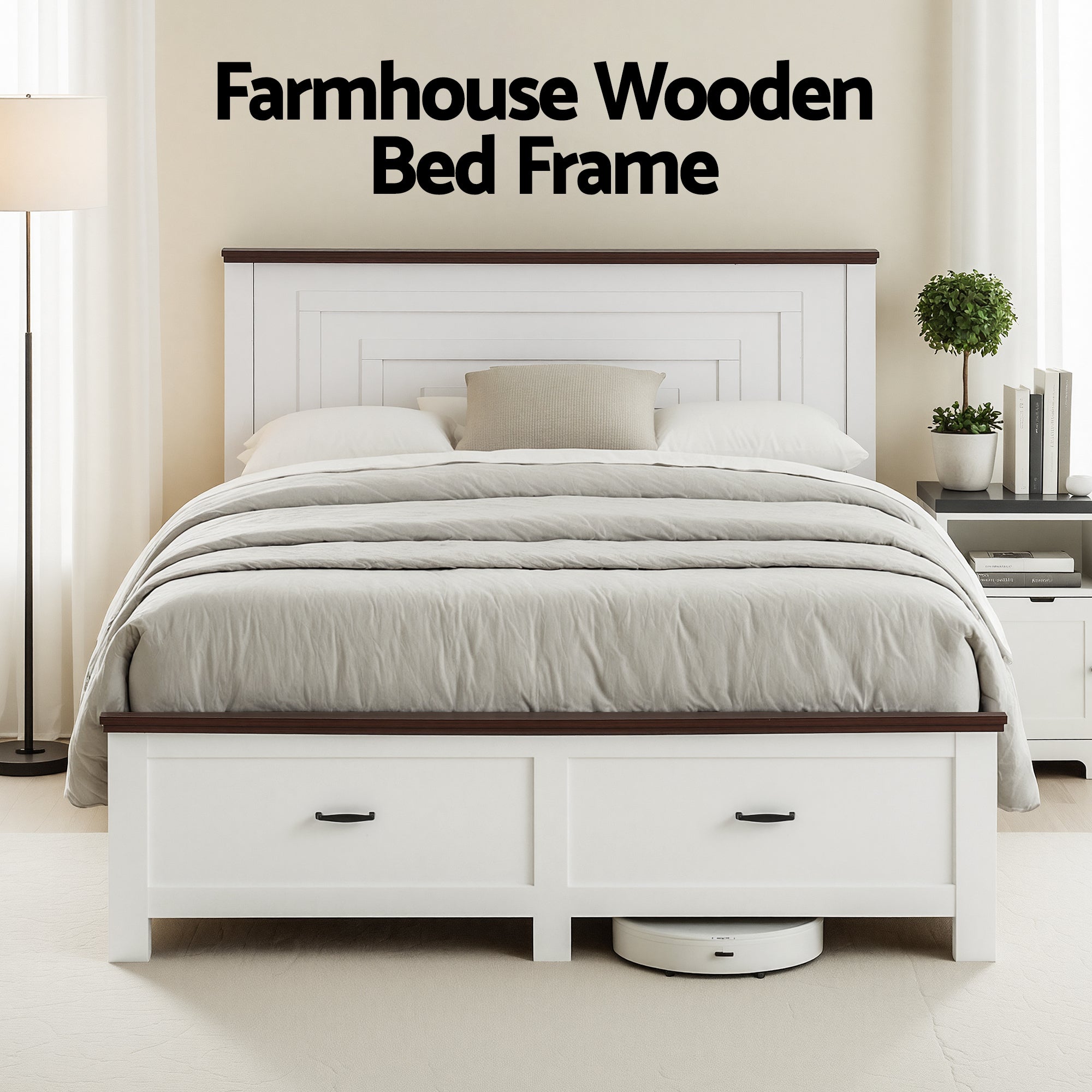 Artiss Queen Wooden Bed Frame with 2 Drawer Platform Bed with 108cm Solid High Headboard White Bed Base for Bedroom Easy Assembly-3