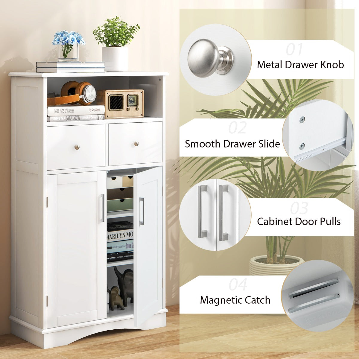 NNECW Bathroom Floor Cabinet with 2 Adjustable Shelves for Bathroom-White