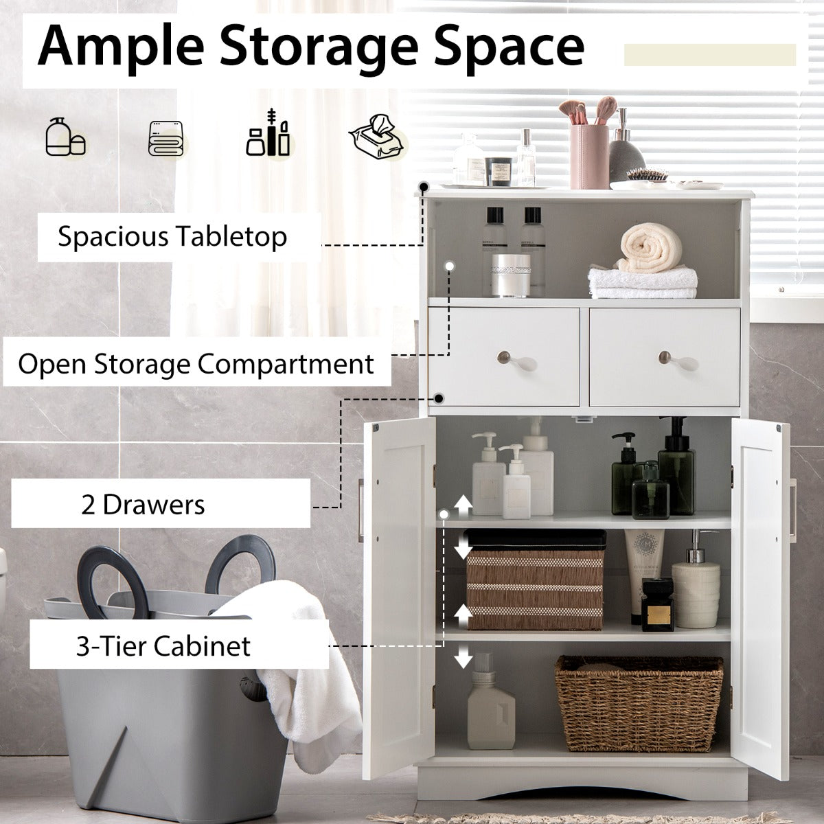 NNECW Bathroom Floor Cabinet with 2 Adjustable Shelves for Bathroom-White