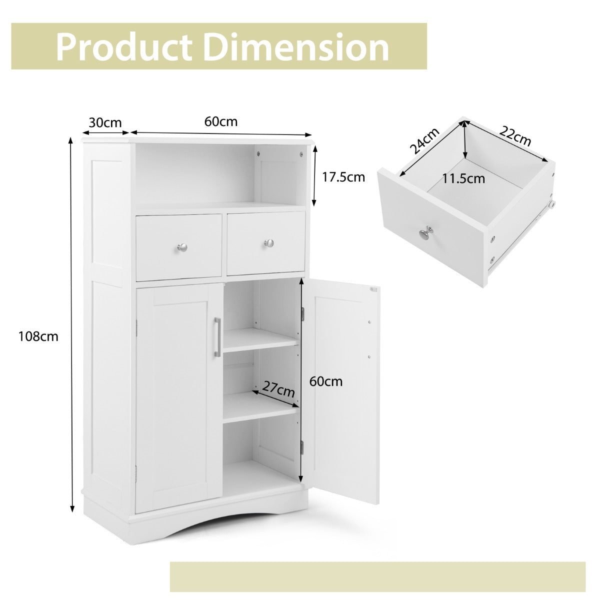 NNECW Bathroom Floor Cabinet with 2 Adjustable Shelves for Bathroom-White