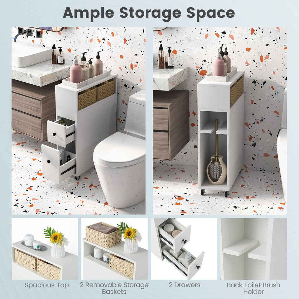 NNECW Slim Bathroom Storage Cabinet Movable with 2 Drawers-White
