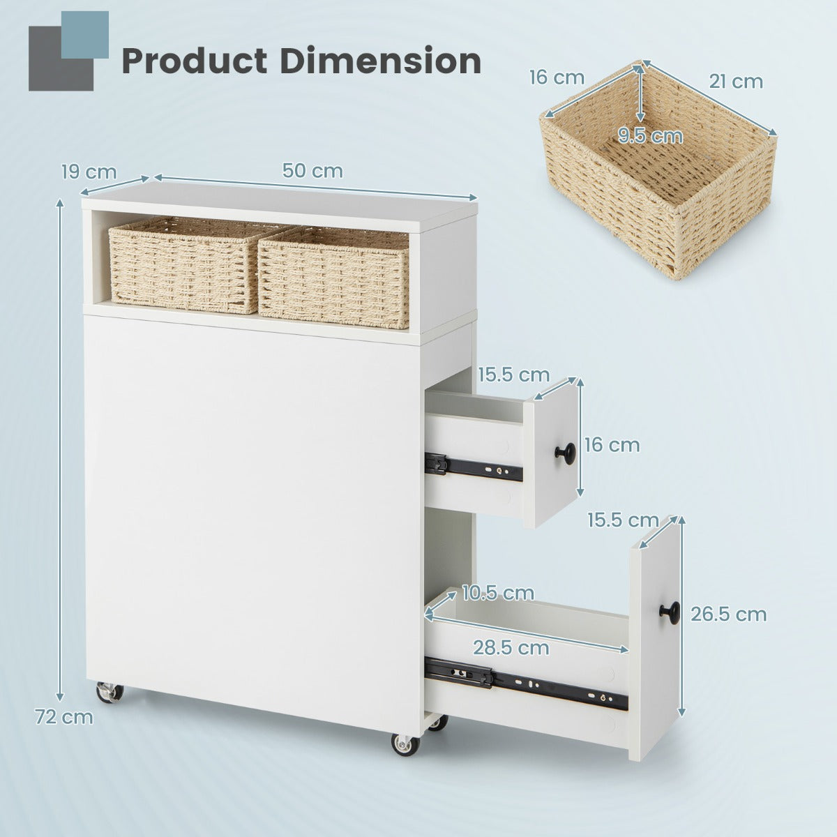 NNECW Slim Bathroom Storage Cabinet Movable with 2 Drawers-White