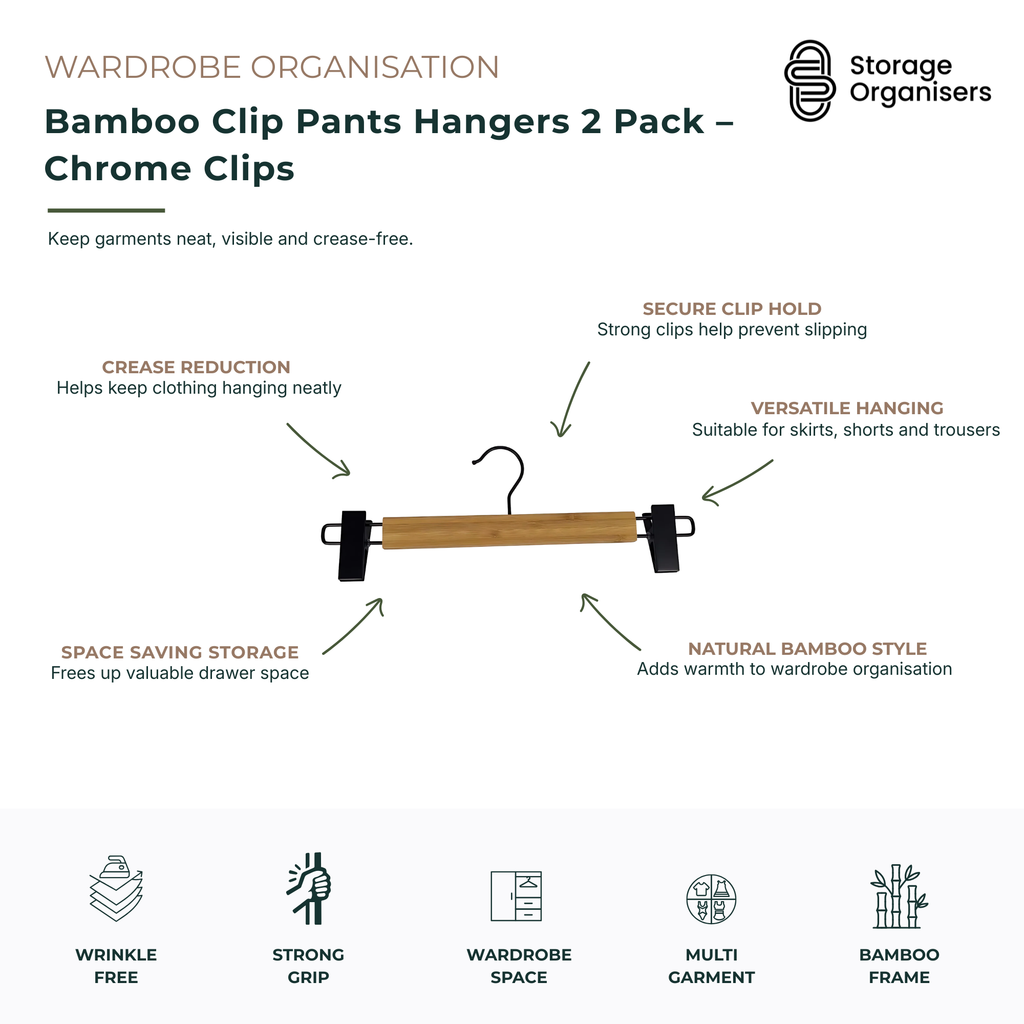 Bamboo Clip Pants Hangers 2 Pack – Chrome Clips-3