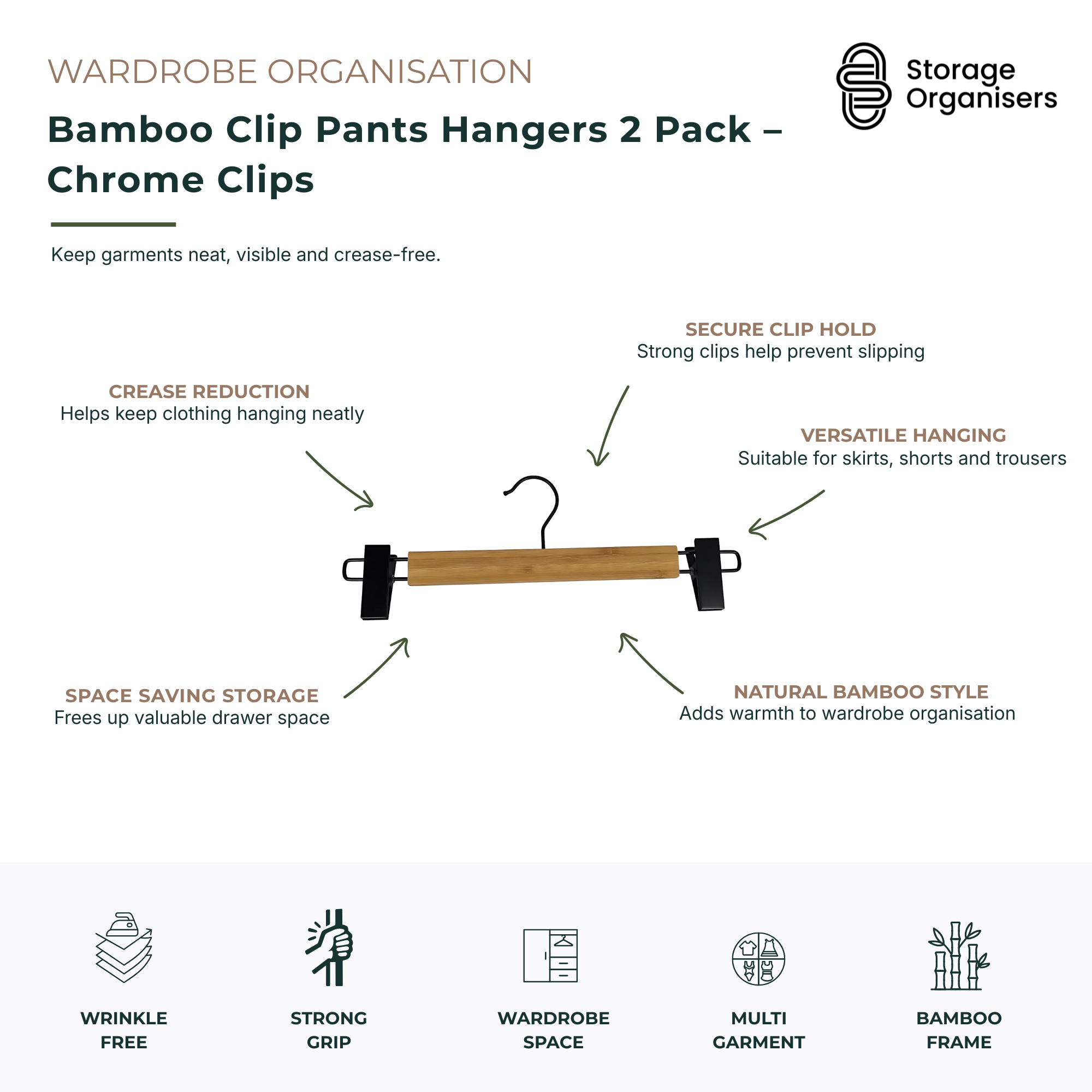 Bamboo Clip Pants Hangers 2 Pack – Chrome Clips-3