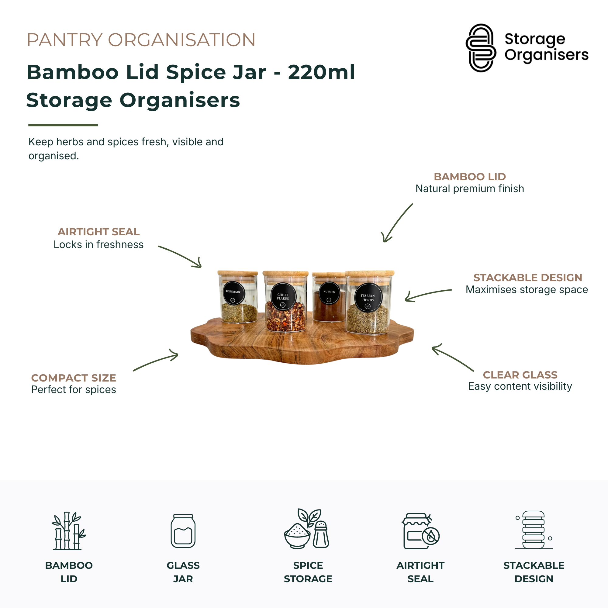 Bamboo Lid Spice Jar - 220ml Storage Organisers-4
