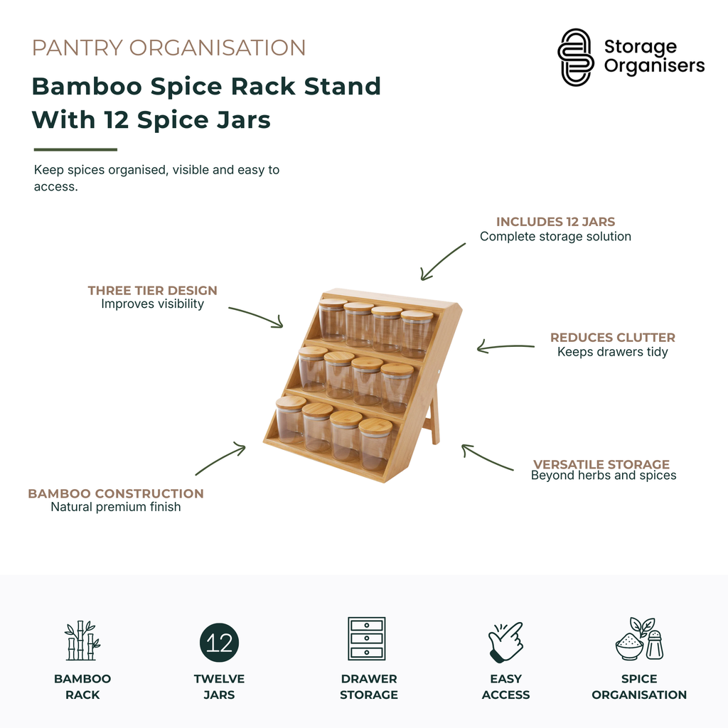 Bamboo Spice Rack Stand With 12 Spice Jars