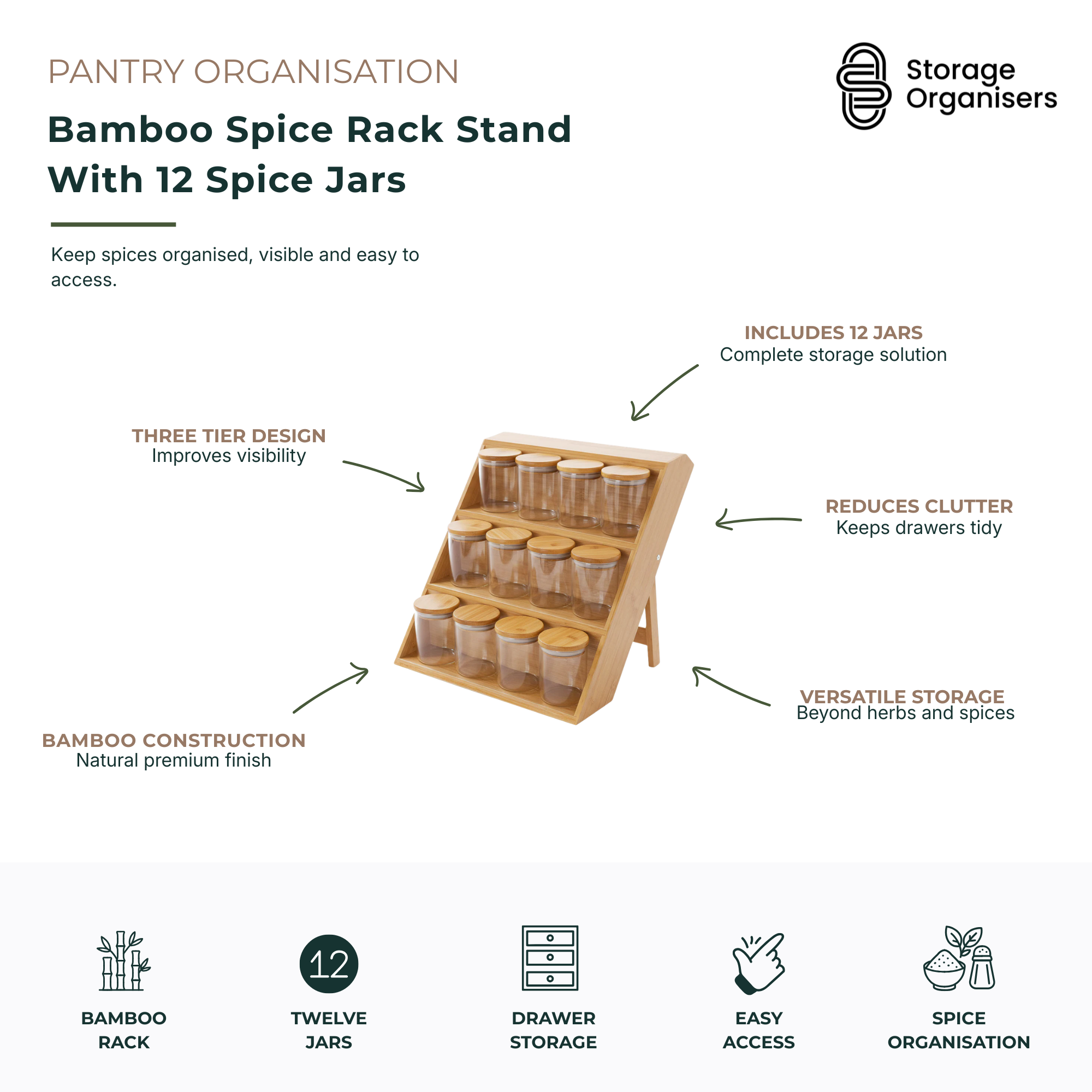 Bamboo Spice Rack Stand With 12 Spice Jars
